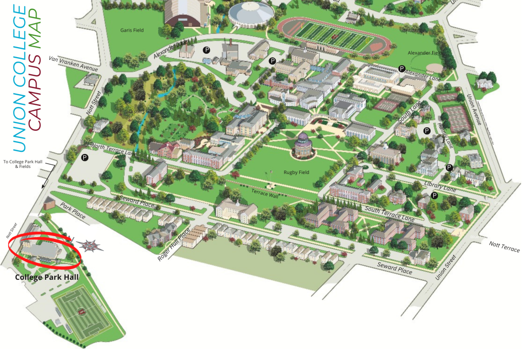 Map of the Union College campus with a red circle drawn around the location for College Park Hall on Nott Street.