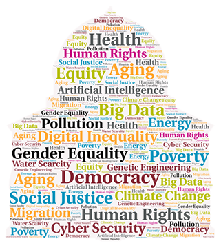 Word cloud in the shape of the Nott Memorial. Includes the words: democracy, human rights, digital inequality, gender equality, big data, social justice, cyber security, artificial intelligence, aging, human rights, climate change, poverty, genetic engineering, health, migration, pollution, equity, energy, water scarcity.