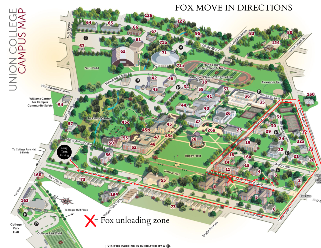 Driving to fox house directions overlayed on the union college map