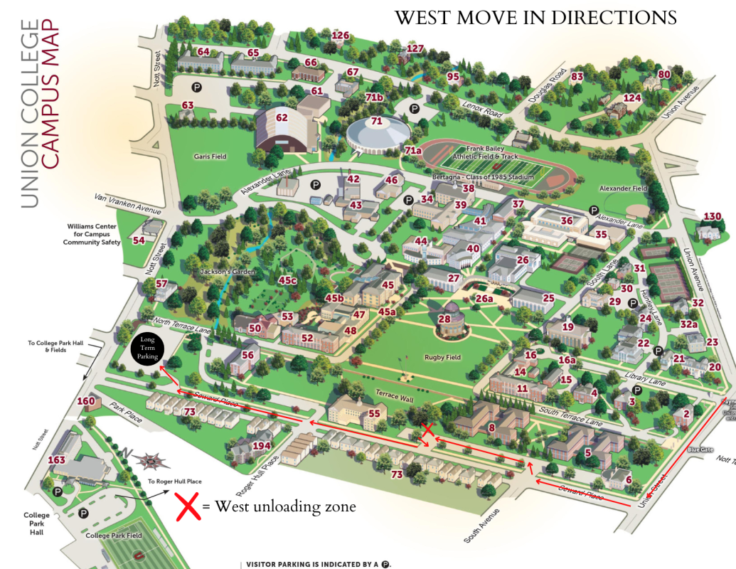 Directions to west college overlayed on a union college map