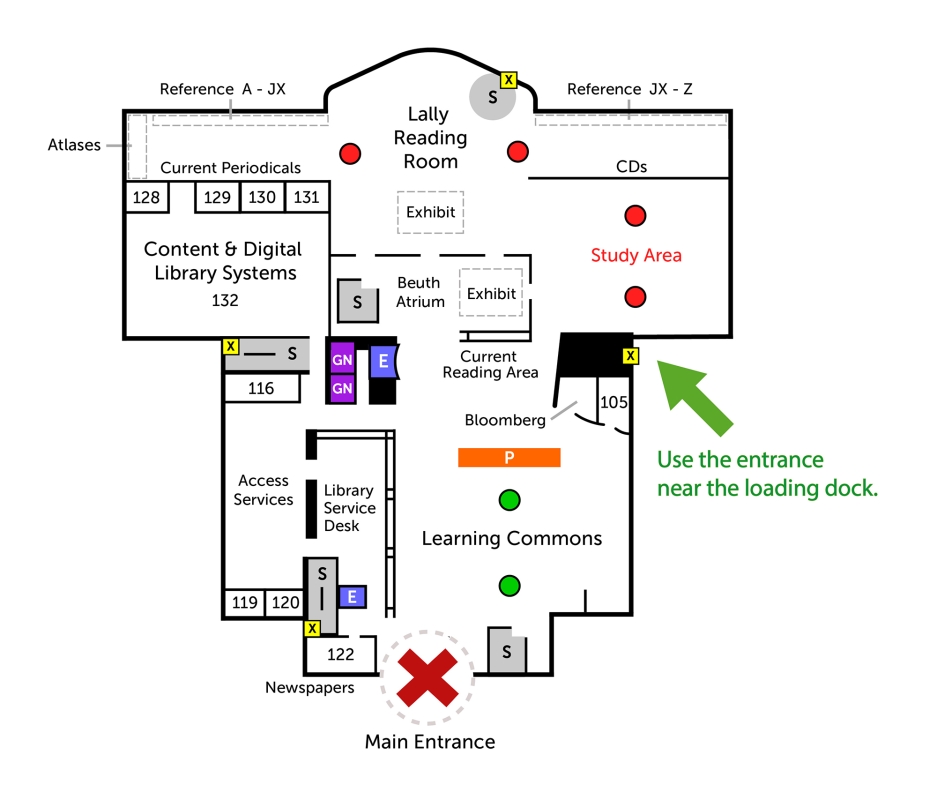 First floor map - Use the entrance by the loading dock. 