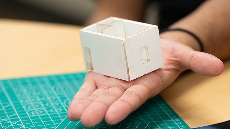 Close-up of a  small practice model of a studio apartment