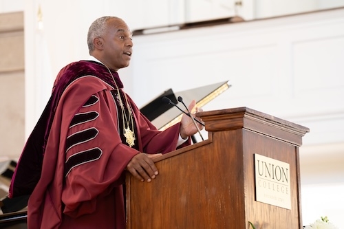 Union formally kicked off its 230th academic year Tuesday afternoon with its traditional Convocation ceremony in packed Memorial Chapel. President David R. Harris officially welcomed the 511 members of the Class of 2028. Selected from nearly 8,500 applicants, the students hail from 33 states and 28 countries. The class is also made up of 50 percent of domestic students of color and international students, making it one of the most diverse in the College’s history.