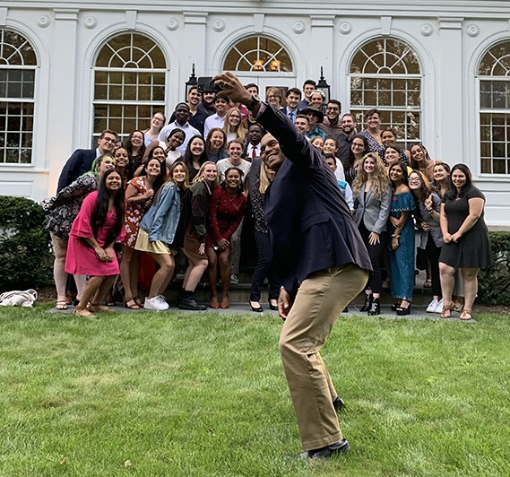 President Harris takes a selfie with students