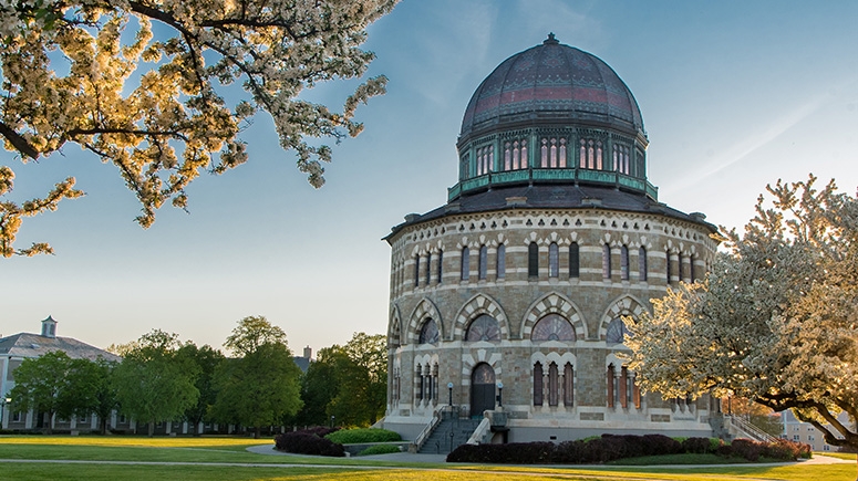 Exterior of Nott Memorial in the spring