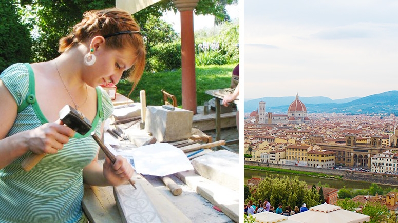 A student chisels a block of marble during a class session in Florence, with a view of the Florence skyline visible to the rightrcen skyline.