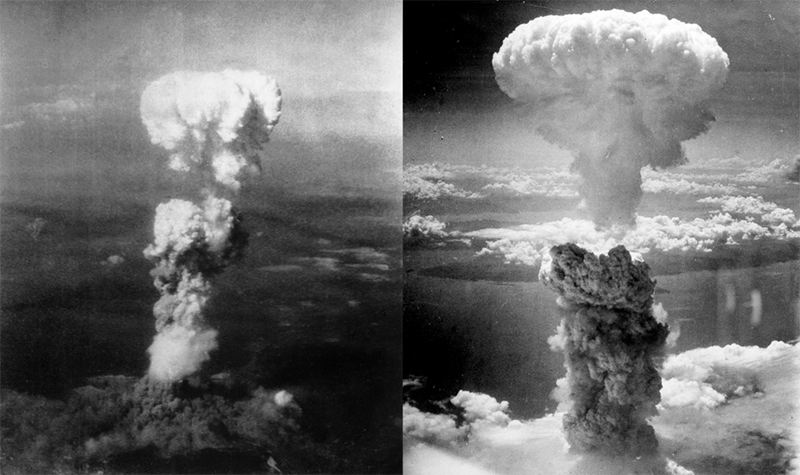 Mushroom clouds of atomic bombs