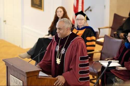 Harris at Founders Day Thursday in Memorial Chapel. The event commemorates the 230th anniversary of the granting of Union’s charter by the state Board of Regents in 1795, regarded as one of the first public calls for higher education.