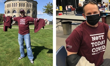 From left: Jason Goldberg ’98 after a recent haul at the bookstore. Peter Flynn ’99 at his vaccination.