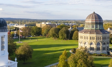 AN aerial view of campus with the Nott Memorial featured prominently